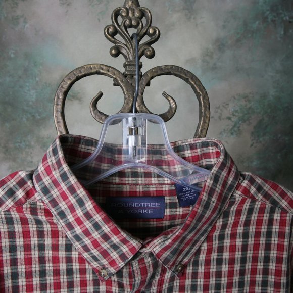 Roundtree and Yorke Mens Plaid Button Down Long Sleeve Shirt 2XL Green Red Khaki - Picture 2 of 6